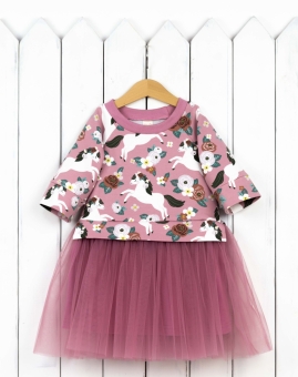 Платье (футер/лошадки на сухой розе/фатин) | Артикул: С227/4-Ф | Детская одежда оптом от «Бэби-Бум»