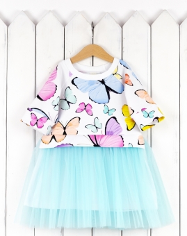Платье (бабочки/фатин мятно-голубой) | Артикул: С227/3-Ф | Детская одежда оптом от «Бэби-Бум»